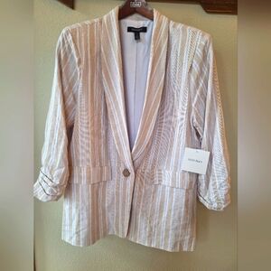 NWT Ellen Tracy  Womens Oatmeal/White Linen Blend Scrunch Sleeve Blazer Size L